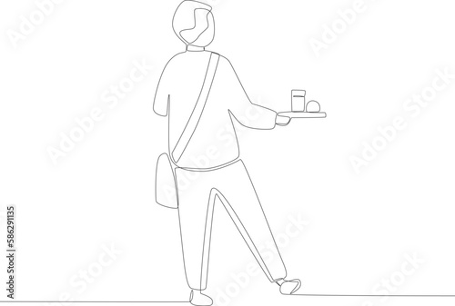 A boy brings lunch to his dining table. Lunch at school one line drawing