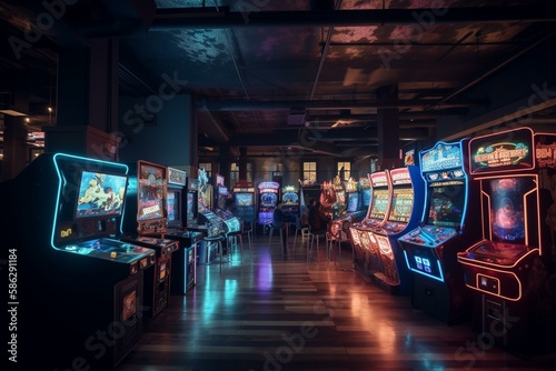 An arcade with neon-lit games and glowing prizes. Generative AI