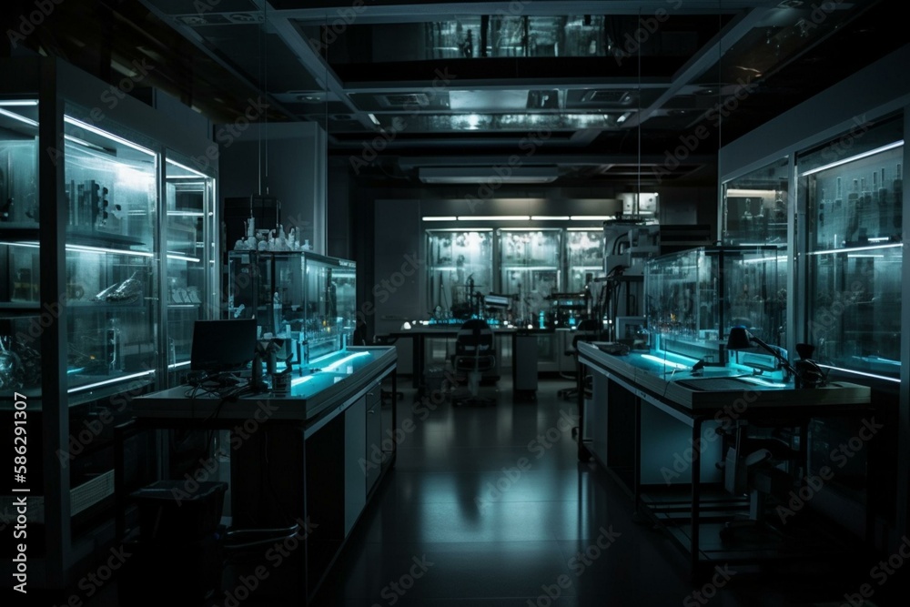A futuristic laboratory with glowing test tubes and advanced equipment Generative AI A futuristic laboratory with glowing test tubes and advanced equipment Generative AI