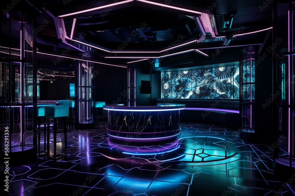 A sleek and modern nightclub with neon accents and an LED dance floor Generative AI