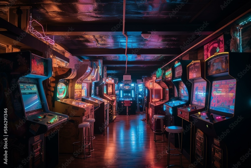 A retro arcade with neon lights and classic games Generative AI