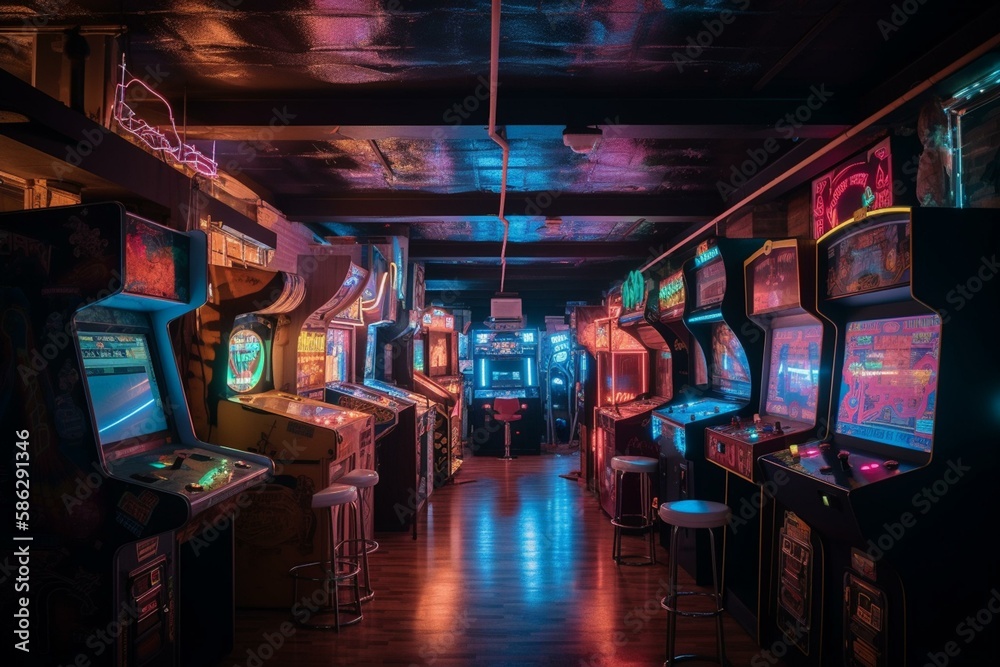 A retro arcade with neon lights and classic games Generative AI A retro arcade with neon lights and classic games Generative AI