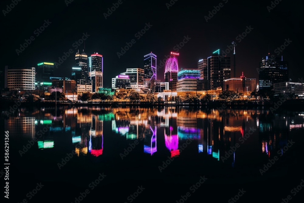 A city skyline at night with neon lights and reflections in the water Generative AI A city skyline at night with neon lights and reflections in the water Generative AI