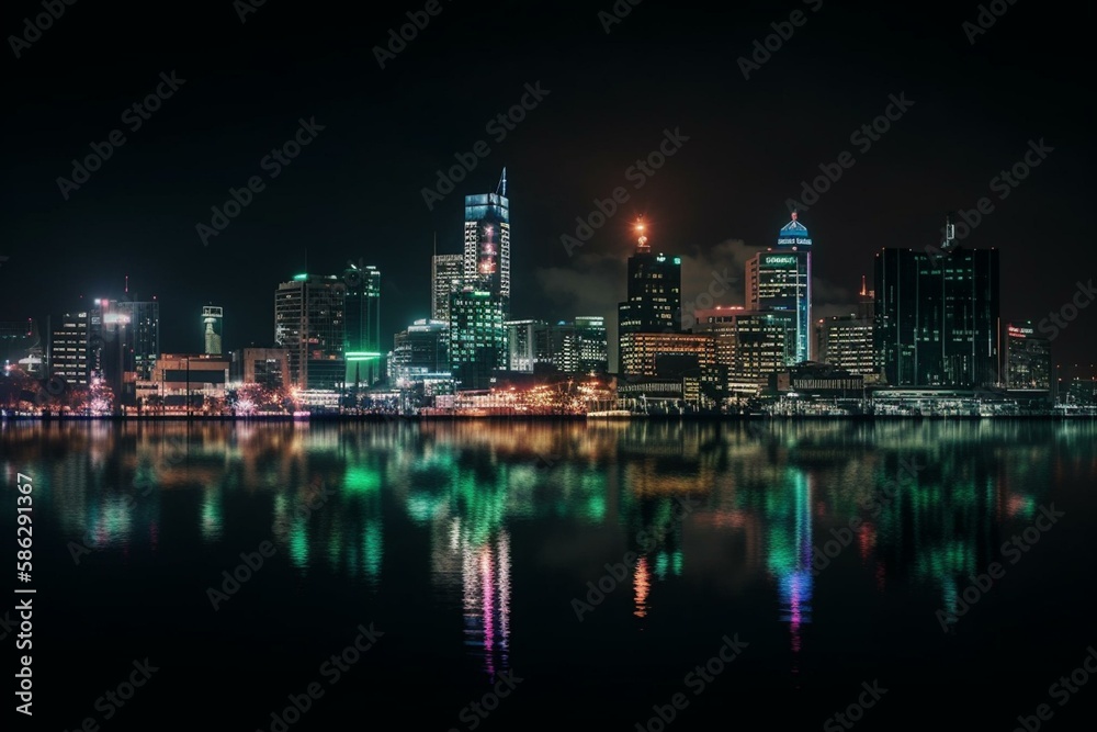 A city skyline at night with neon lights and reflections in the water Generative AI