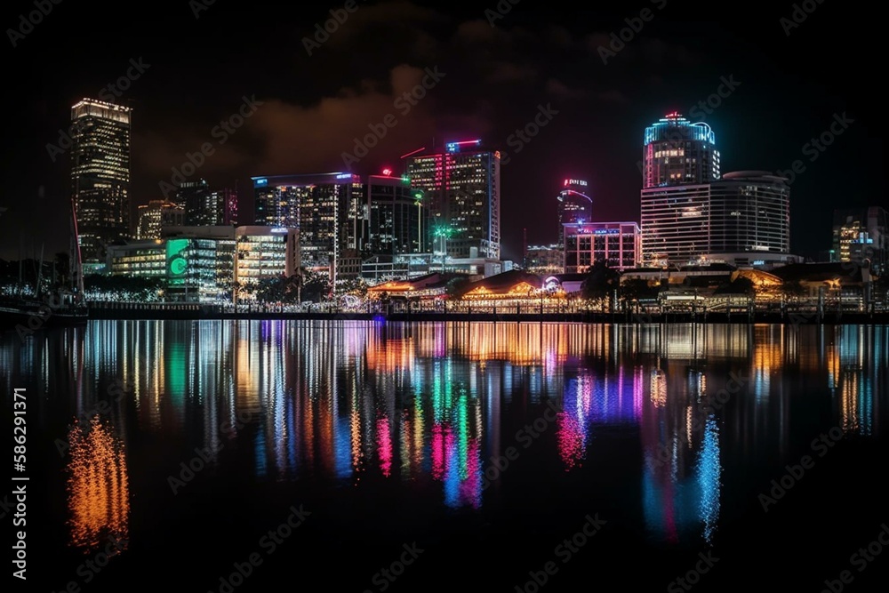 A city skyline at night with neon lights and reflections in the water Generative AI