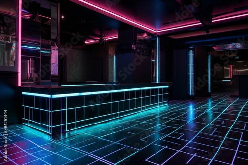 A sleek and modern nightclub with neon accents and an LED dance floor Generative AI