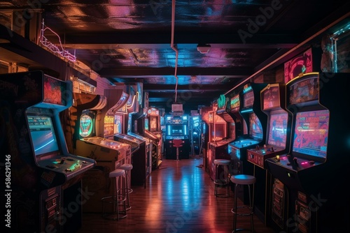 A retro arcade with neon lights and classic games Generative AI © Denis Yevtekhov