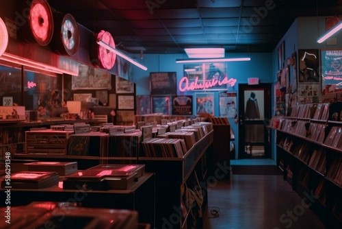 A vintage record store with a neon sign and stacks of vinyl records Generative AI