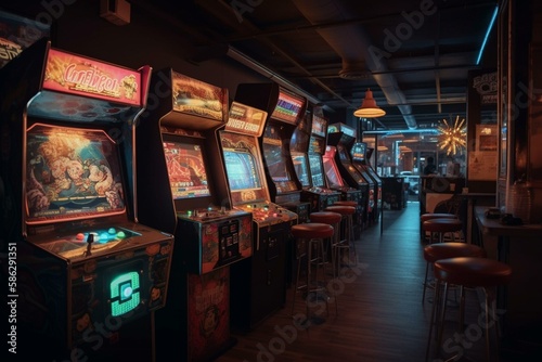 A retro arcade with neon lights and classic games Generative AI photo