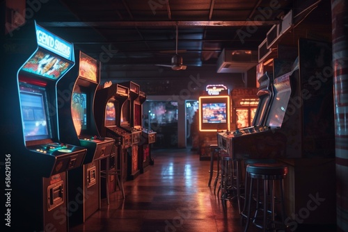 A retro arcade with neon lights and classic games Generative AI