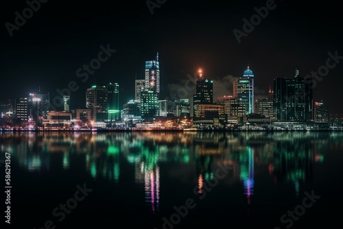 A city skyline at night with neon lights and reflections in the water Generative AI © Denis Yevtekhov