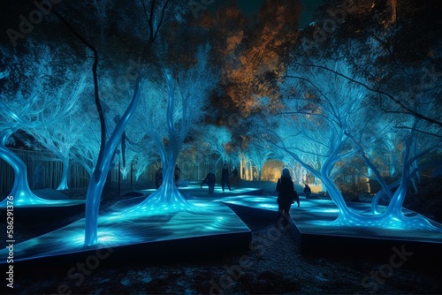 A futuristic park with glowing trees and interactive light installations Generative AI photo