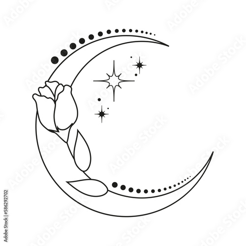 Esoteric alchemy mystical magic poster. Moon, flower, stars, dots. Spiritual talisman, tattoo. Boho illustration