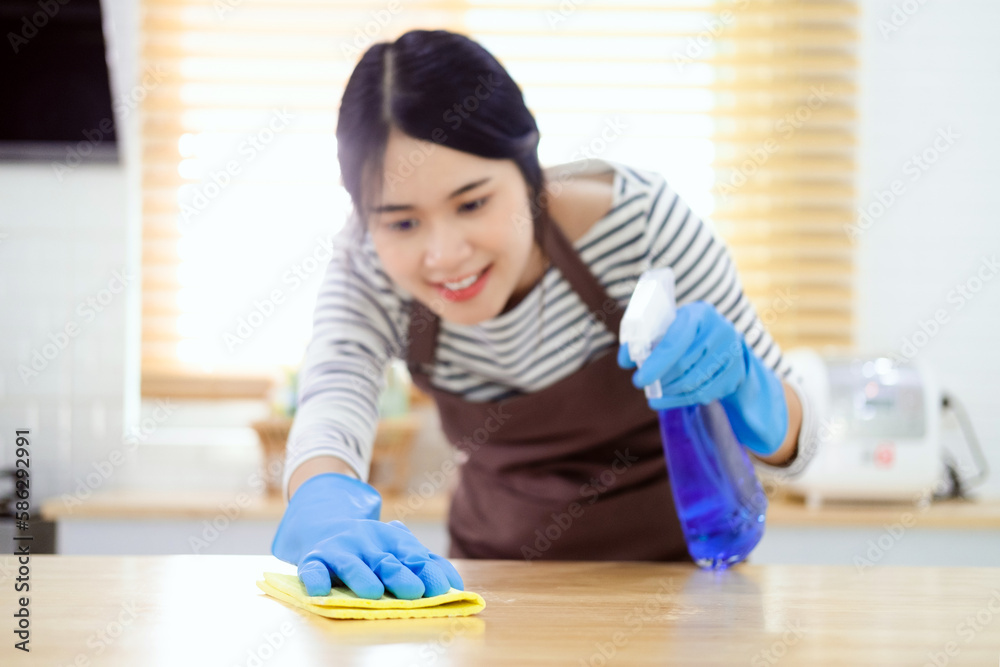 Asian housewife sanitizing surfaces cleaning home kitchen table with disinfectant spray bottle washing surface with towel and gloves. Asian housewife sanitizing surfaces cleaning home kitchen table with disinfectant spray bottle washing surface with towel and gloves.