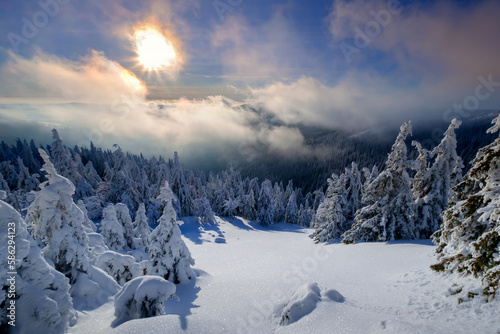 Beautiful winter landscape in snowy mountains. 