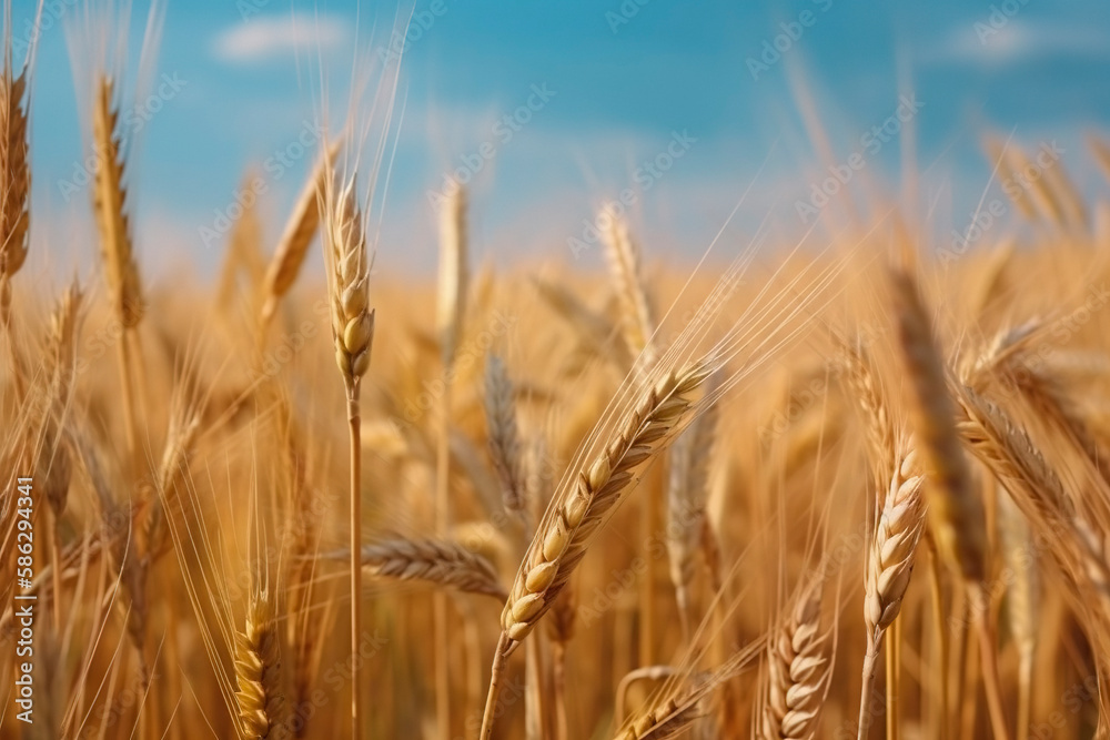 Fototapeta premium Beautiful summer field of ripe wheats on sunny day. Selective focus. Generative ai