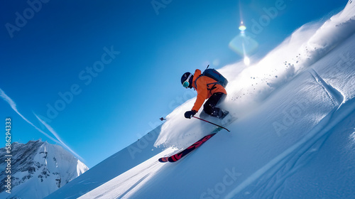 Skier skiing downhill in high mountains against blue sky. Generative AI illustration
