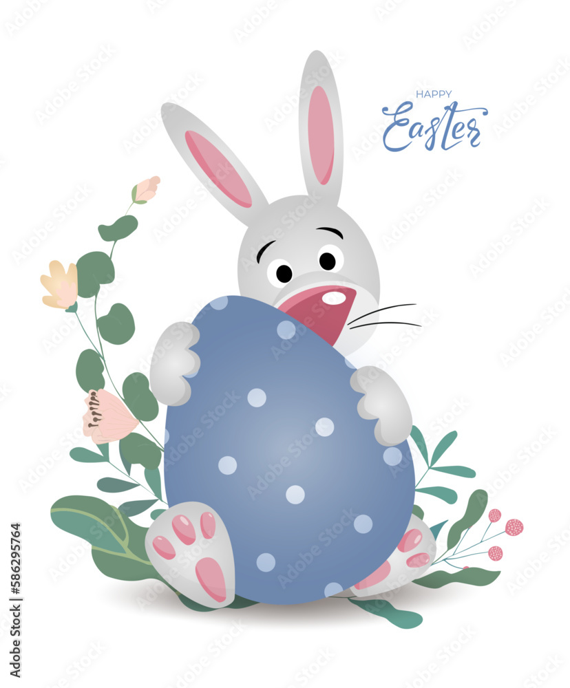 Happy Easter bunny banner with rabbit, egg and hand drawn lettering text. Cute hare in flowers and leaves on white background. For greeting cards, banners, invitation. Vector illustration. Happy Easter bunny banner with rabbit, egg and hand drawn lettering text. Cute hare in flowers and leaves on white background. For greeting cards, banners, invitation. Vector illustration.