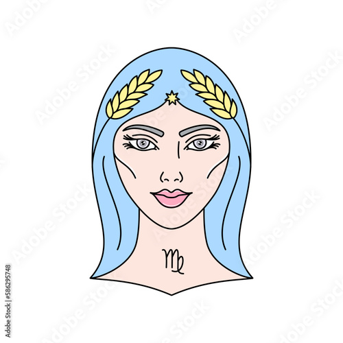 A Virgo zodiac sign with female face in linear style. Vector illustration isolated on a white background. The image can be used in your projects related to graphics, web design and illustrations. photo