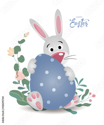 Happy Easter bunny banner with rabbit, egg and hand drawn lettering text. Cute hare in flowers and leaves on white background. For greeting cards, banners, invitation. Vector illustration.