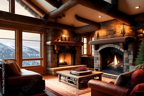 Rendering of "Cozy Mountain Chalet Interior with Rustic Decor". Generative AI.  © Leandro