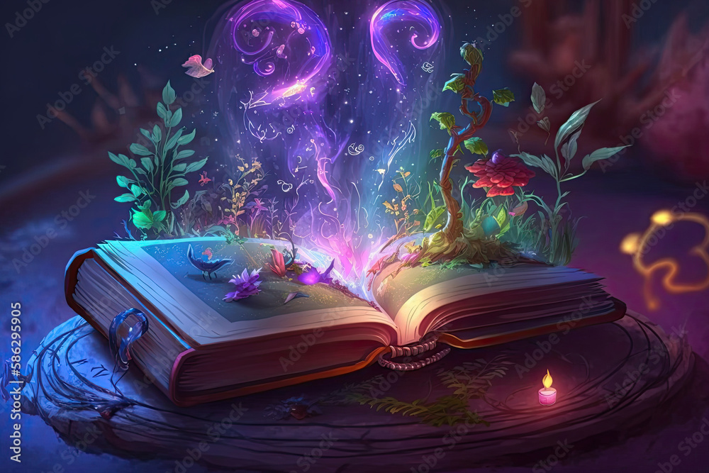 Open magical book with glowing lights over pages on abstract background