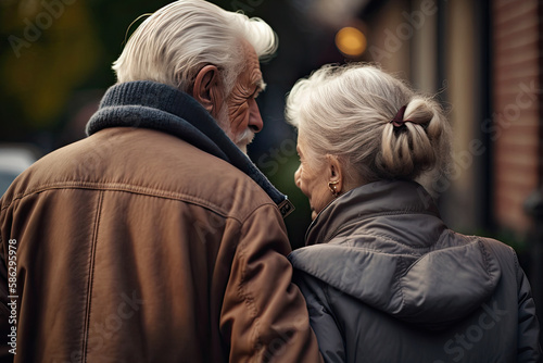 Back view of an elderly couple outdoors. Elderly man and woman are walking together, having romantic relationship. Happy old age. Created with Generative AI