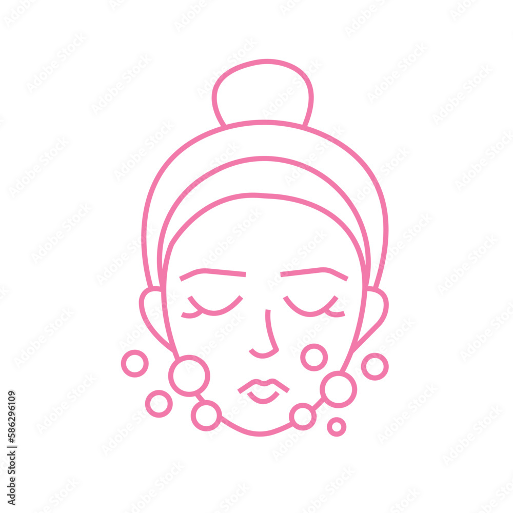 Skin cleaning line icon. Woman, female face, soap bubble. Beauty care concept. Vector illustration can be used for topics like cosmetology, hygiene, washing up