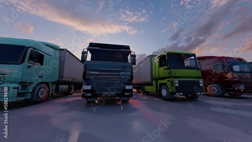 Fleet of trucks with semi-trailers against the backdrop of the sun's rays. Large selection of different types and colors of truck models in a row at the truck stop. The concept of transport industry.