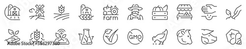 Farm, organic food production and new agricultural technologies thin line icon set. Symbol collection in transparent background. Editable vector stroke. 512x512 Pixel Perfect.