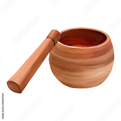 Wooden Mortar and Pestle Isolated Hand Drawn Painting Illustration