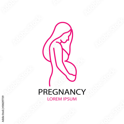 Pregnancy flat line icon. Vector outline illustration of pregnant woman. Black color thin linear sign for gynecologist.