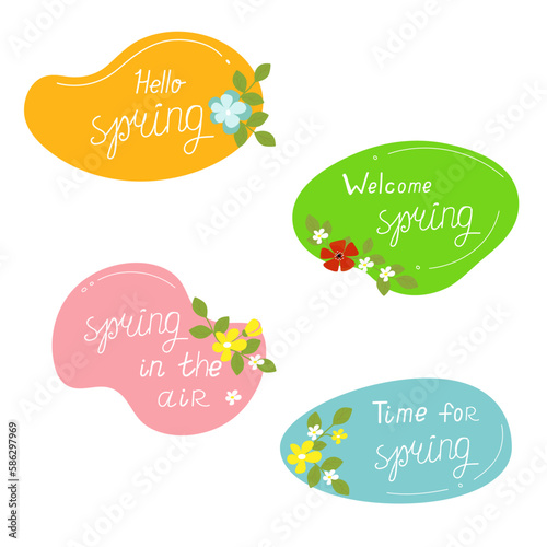 Hello spring. Set of cute colorful spring stickers with flowers, leafs and hand lettering phrase. Springtime concepts