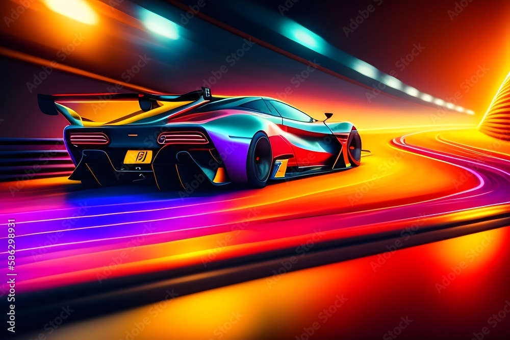 Rendering of Supercars in Neon Light Tunnel. Generative AI. 