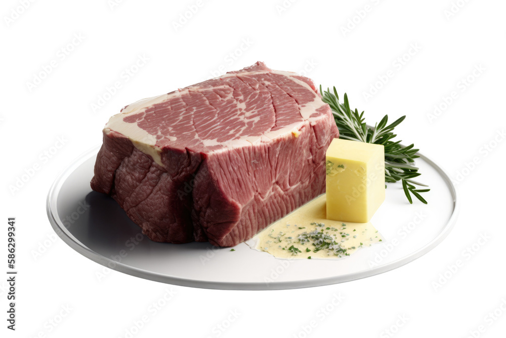 Fototapeta premium a cooking-themed illustration photo featuring an isolated raw steak ready to be cooked on a plate arranged with butter, seasonings, and herbs set on a transparent background and provided in PNG. AI