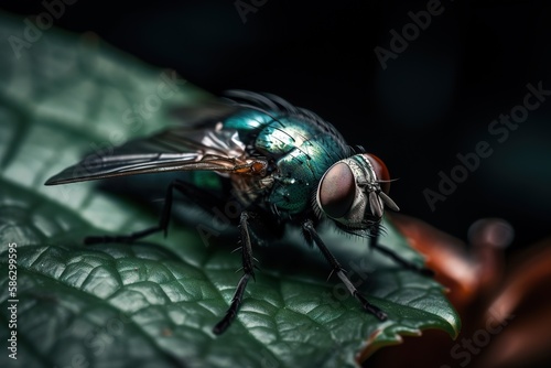 Fly posing on a leaf close up macro shot. Generative AI © Pajaros Volando