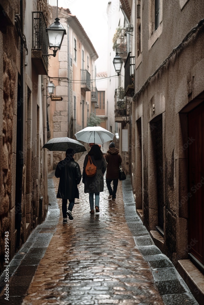 People walking in European cobblestone street under the rain. Generative AI vertical shot