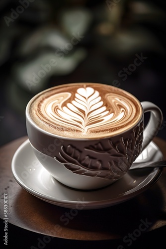 Latte art close up shot. Focus on foreground. Generative AI vertical shot