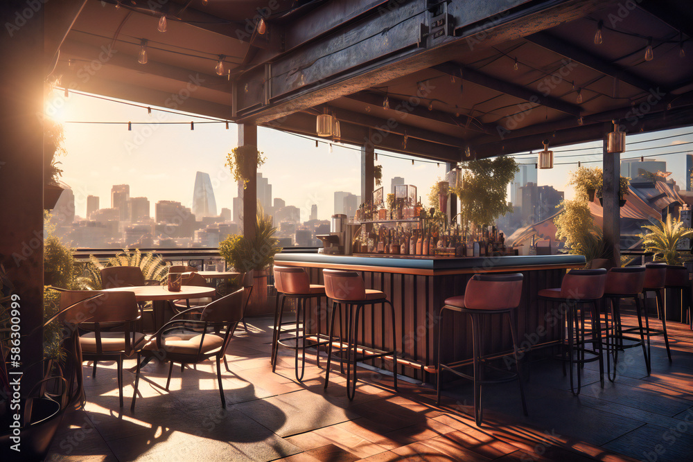 A rooftop restaurant with a view of the city skyline and cocktails