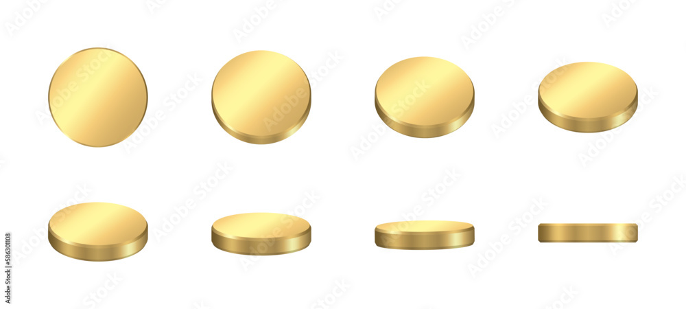 Golden coins set. Rotating money collection isolated on white background. Realistic coins in angle view. Vector illustration. Golden coins set. Rotating money collection isolated on white background. Realistic coins in angle view. Vector illustration.