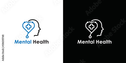 Mental health line icon. Psychotherapy and stethoscope symbol concept isolated on white and black background. Vector illustration