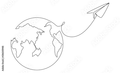 World map with flying paper airplane one line art. Continuous Earth globe line drawing. Vector illustration isolated on white background.