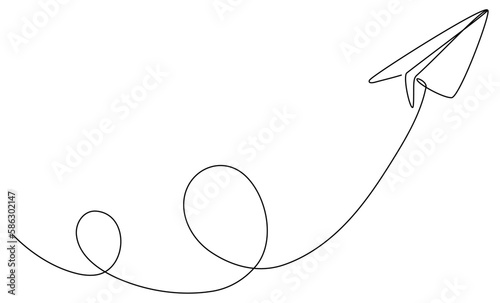 Paper airplane flight continuous line drawing. Vector illustration isolated on white.