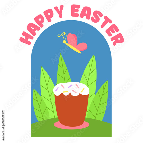 Spring easter cute cake with leaf and butterfly. Cartoon kulich, Happy Easter.