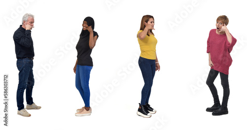  woman and man making phone gesture and face expression white background