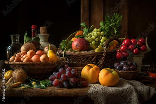 Still Life Composition With Fresh Vegetables And Fruits On Aged Wooden Table.