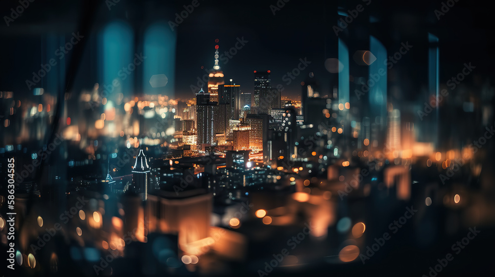 Defocused lights in city. The bokeh light from building and night city. Cityscape. Generative AI.