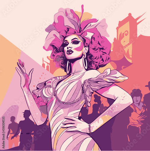 Drag Queen: Man dressed up as a woman on pink colored city background, vector for Pride month