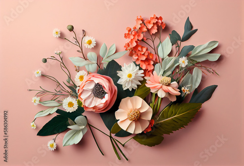 Spring flowers on pink pastel background top view in flat lay style. Greeting for Womens or Mothers Day or Spring Sale Banner. Generative Ai. photo