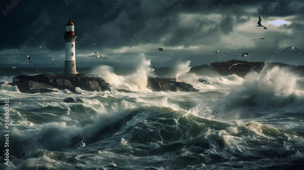 lighthouse on the background of the raging sea